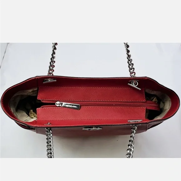 Michael Kors Safiano Leather Large Jet Set Double Handle Chain Shoulder Bag Red - Picture 6 of 10
